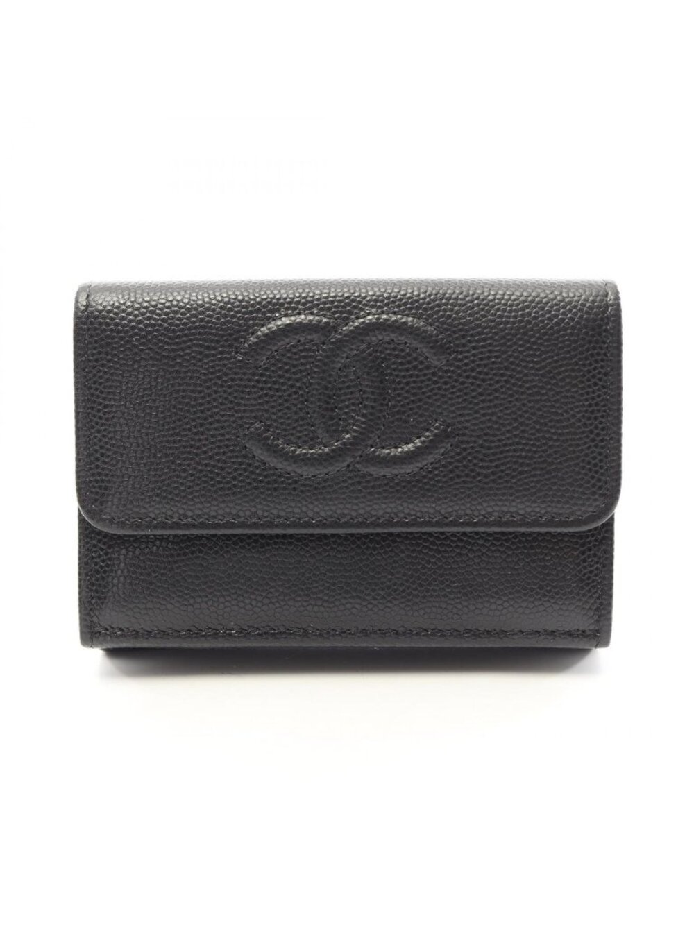 Chanel Trifold Wallet CC Logo Small Flap Black Caviar Leather